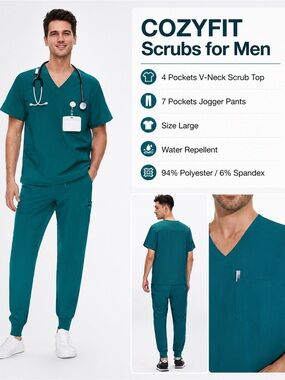Men’s Teal V-Neck Scrub Set - 4-Pocket Top & Jogger Pants
